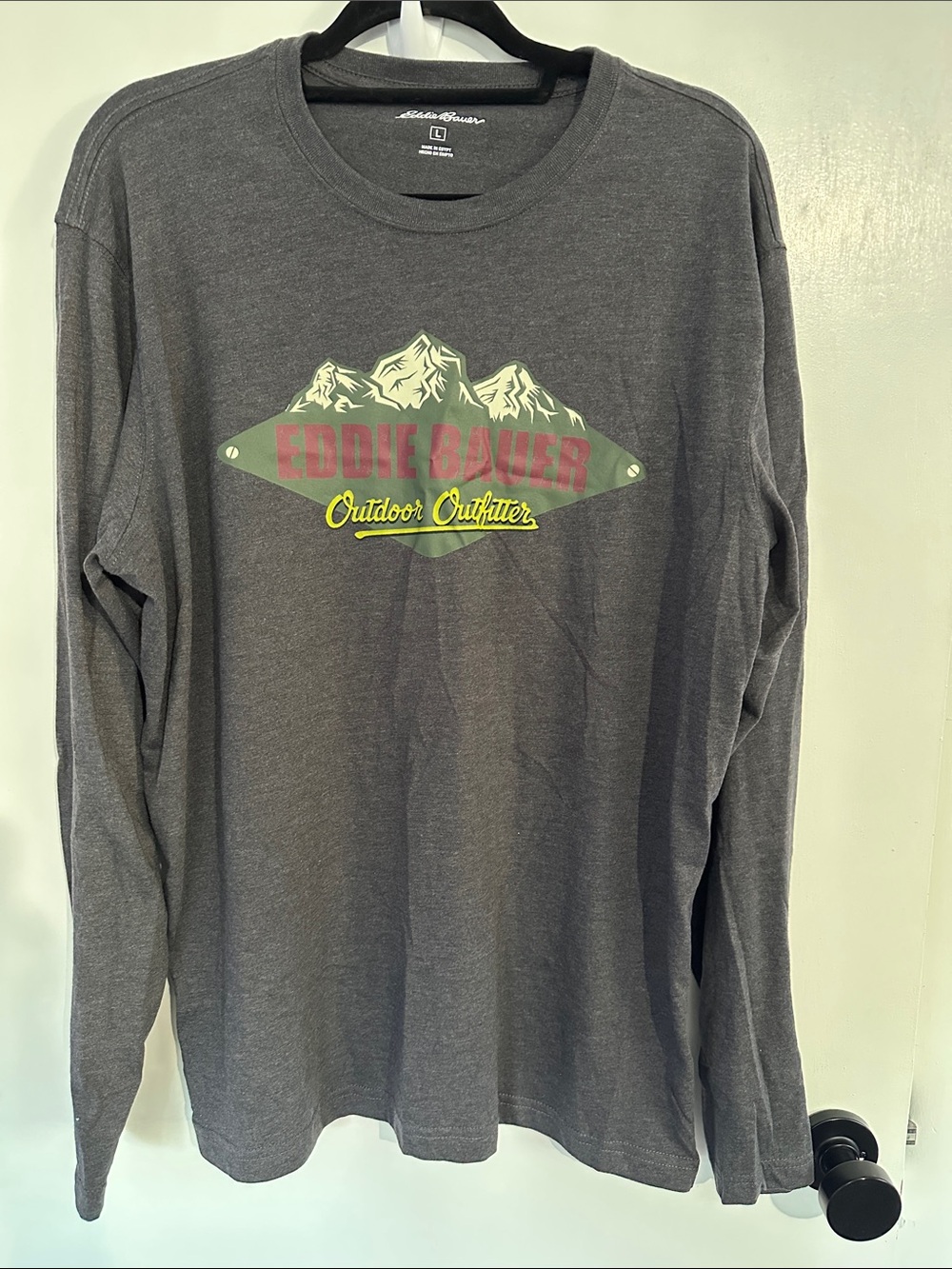 Eddie Bauer Charcoal Gray Long-Sleeve Graphic Tee with Mountain Logo Size L